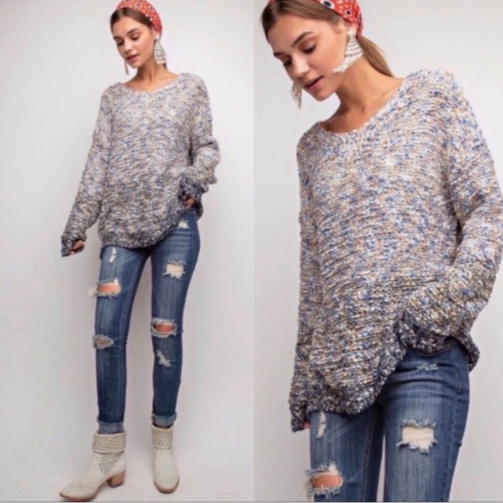 easel Marled Blue and Cream Scoop Neck Pullover Sweater